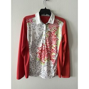 Daily Sports Womens Size XL Polo Snap Button Shirt Red Floral Long Sleeve Golf